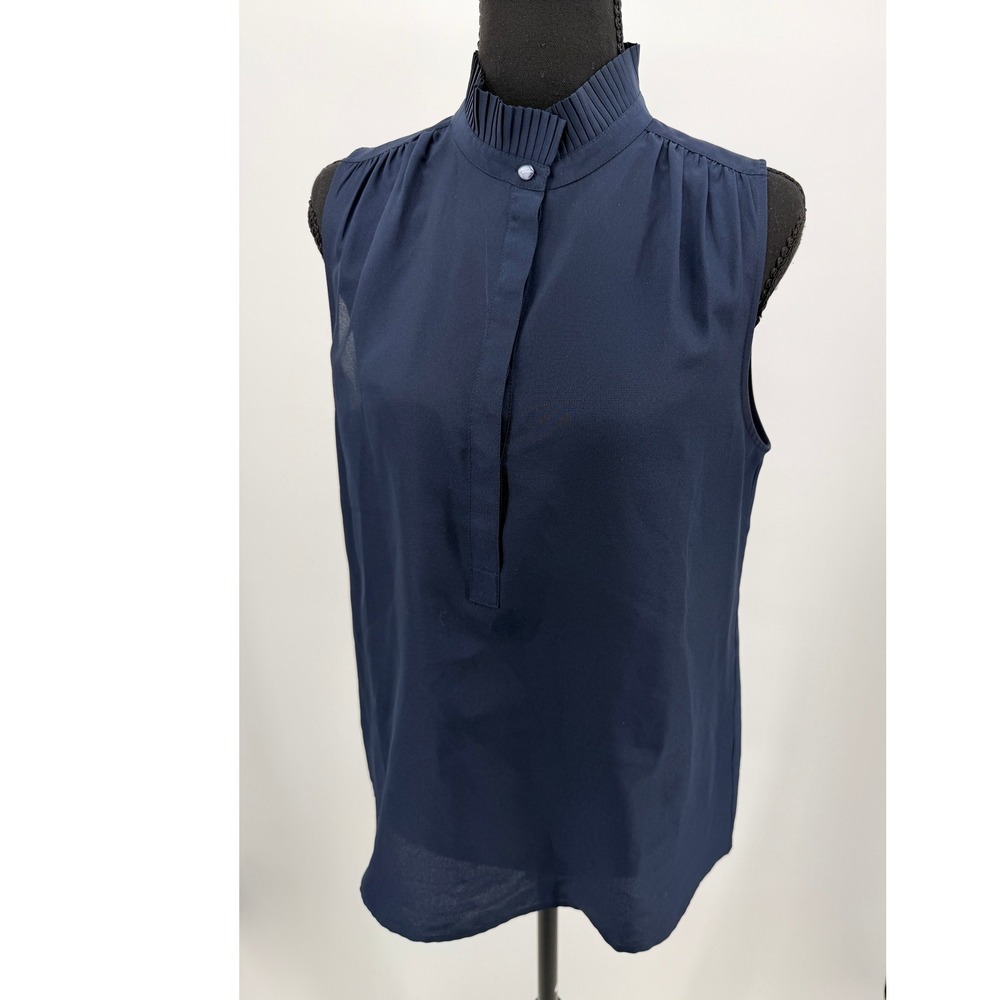J.Crew Sleeveless Blouse Womens 10 Navy Blue Excellent Pleated High Neck B7891